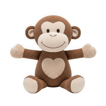 Cute brown plush monkey toy with a heart on its belly