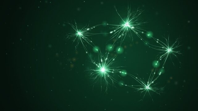 Glowing green neuron cells connected by branching dendrites on a dark green background, for brain and neural network themes