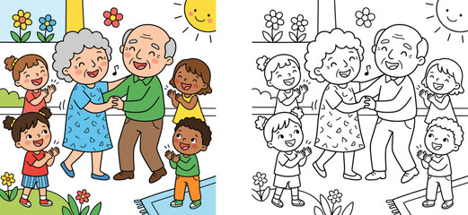 Fototapeta premium Happy Grandparents Dancing with Diverse Children Vector Illustration and Coloring Page, Elderly Couple Celebrating with Kids, Joyful Family Fun Activity in Garden Outdoor Scene