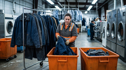 Fototapeta premium Worker sorts durable garments for the repair shift