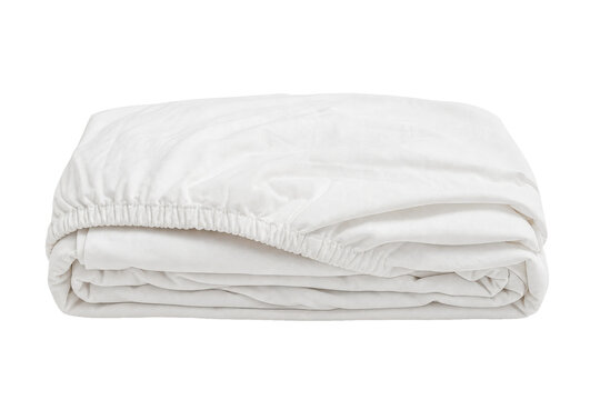 Neatly folded stack of clean white fitted bed sheets with elastic edge, isolated on a white background