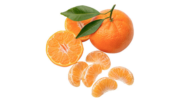 Fresh ripe orange mandarins with green leaves and separated juicy cut slices