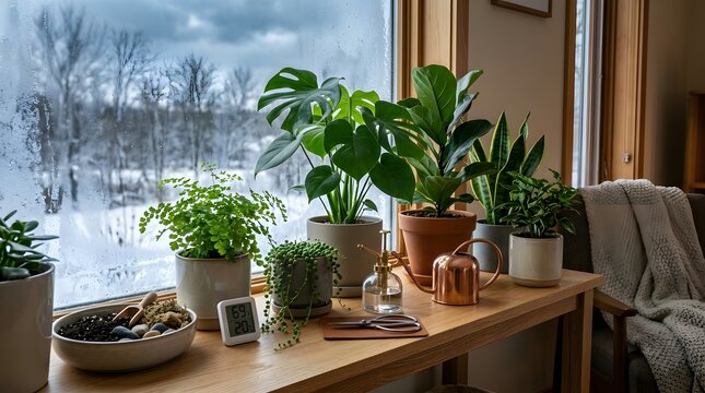 A cozy windowsill garden with lush houseplants and a blurred winter landscape outside