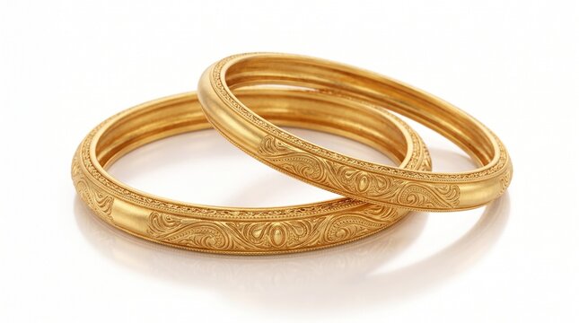 Traditional gold bangles with intricate filigree, ornate Indian bridal jewelry set, luxury yellow gold bracelets on white background