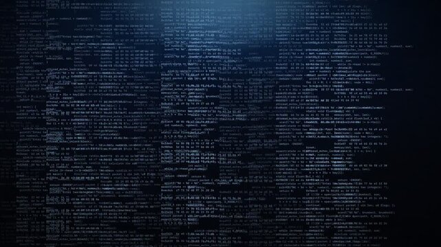 Dense programming source code in blue on a dark background, for software development, hacking, and cybersecurity themes