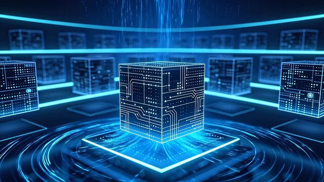 Transparent digital cubes with glowing blue circuit patterns in dark virtual space