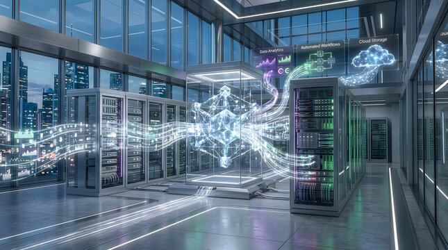 Modern data center with cloud storage systems within sleek technology integrates financial environment where advanced high tech infrastructure