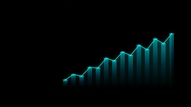 Glowing digital bar chart with upward trend line