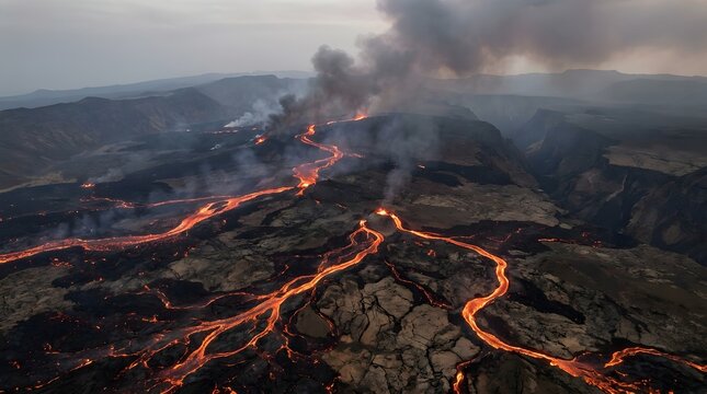 Aerial-style view of volcanic lava streams spreading across a rugged landscape, surrounded by thick smoke and glowing molten channels.