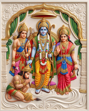 Ultra-detailed white marble 3D sculpture of Lord Rama, Sita, Lakshmana, and Hanuman