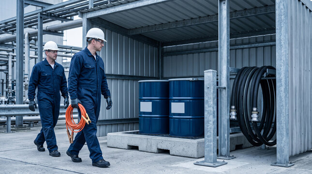 Operators prepare bonding at a closed drum transfer bay