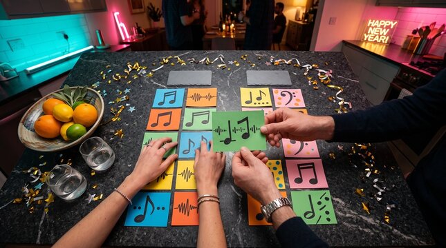 Hands sort music cards for a New Year soundtrack vote