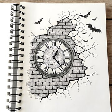 Old clock embedded in cracked brick wall with bats illustration