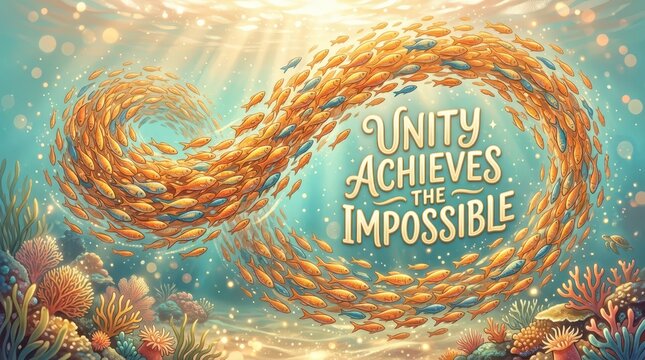 School of orange fish forming an infinity symbol with the text 'Unity Achieves The Impossible' underwater, concept of teamwork and success.