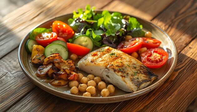 Grilled white fish fillet with fresh garden salad. Healthy seafood dinner with chickpeas and tomatoes. Mediterranean diet meal on rustic wood.