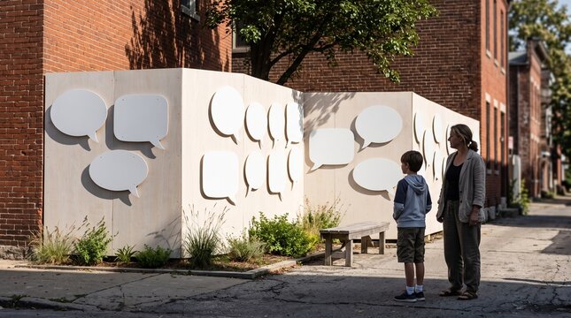 Pedestrians enjoy a completed neighborhood fence display