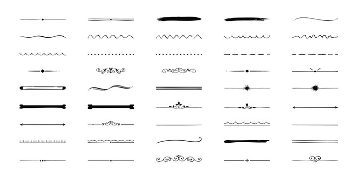 Set of black hand drawn text dividers and decorative border lines for page decoration and graphic design