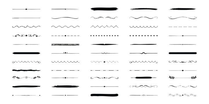 Set of decorative text dividers and horizontal lines for page design and typography in black ink style