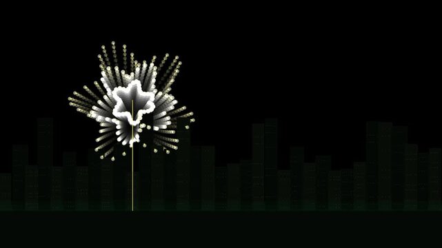 Fireworks display over a dark city skyline at night