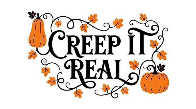 Creep it real halloween typography design with decorative pumpkins and autumn leaves