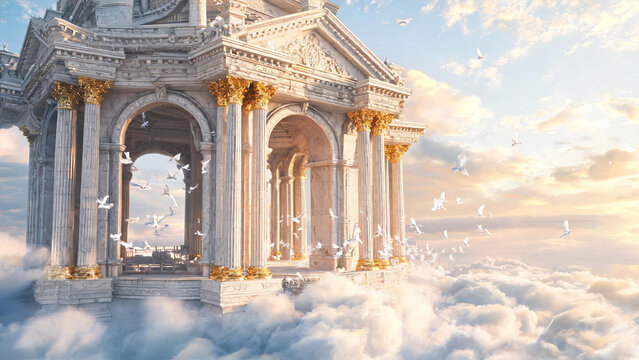 An ornate classical stone temple with golden accents floats above soft clouds, surrounded by white doves under a warm sunlit sky.