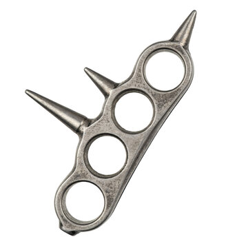 Antique silver metal knuckle dusters with three sharp spikes for self defense and tactical combat use isolated on a transparent background