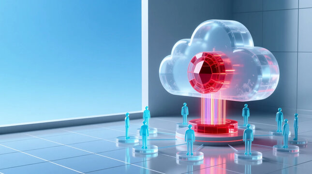 Isometric 3D rendering of futuristic cloud computing framework managing digital Workforce Automation with glowing glass figures in modern tech network environment