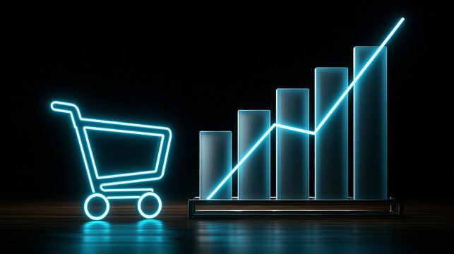 Neon shopping cart icon and rising bar graph showing retail growth with e commerce shopping business marketing e-commerce strategy investment increase management