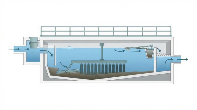 The sewage purification process taking place in a sedimentation tank within a wastewater treatment facility.