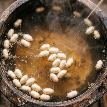 Silk cocoons floating in a hot reeling basin as the filament lifts