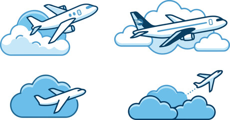 Naklejka premium Airplane flying in clouds set of aviation transport icons