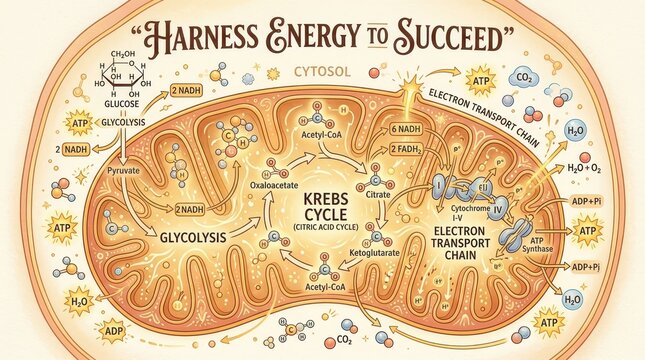 Mitochondrion Diagram Illustrating Cellular Respiration: Glycolysis, Krebs Cycle, and Electron Transport Chain Processes