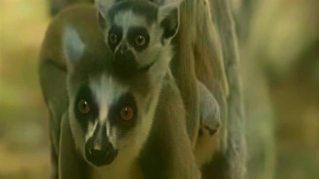 Close-up of ring-tailed lemurs with a baby clinging to its mother's back