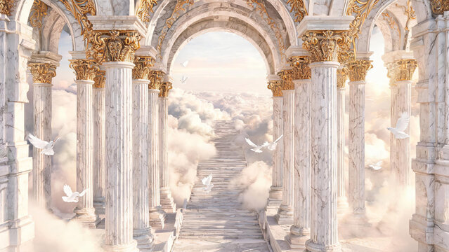 A classical marble colonnade with gilded ornaments leads to a cloud-wreathed staircase rising into a bright sky, with white doves flying around.