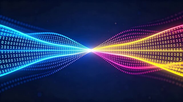 Wavy binary code stream converging towards center on dark background