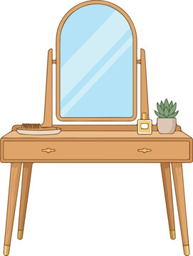 Wooden vanity table with mirror and accessories standing in a clean room