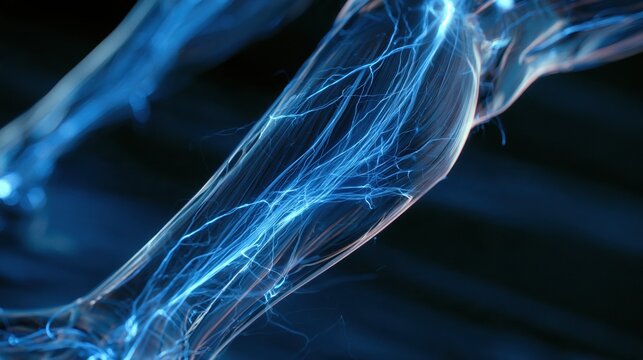 Restless Legs Awareness Day: 3D CGI medical render of a translucent human leg model highlighting nerve activity and muscle twitching, glowing blue nerve pathways