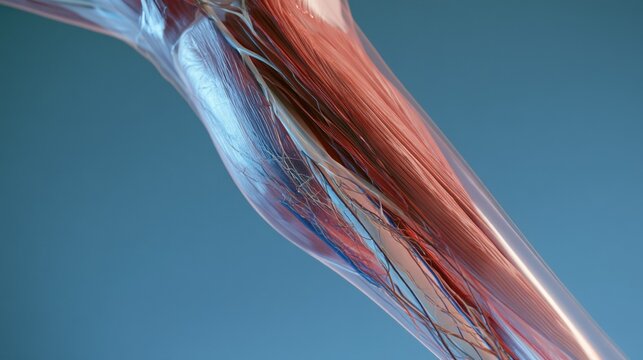 Restless Legs Awareness Day: 3D CGI cross-section render of a human leg showing muscle fibers, nerves, and blood vessels in layered transparency