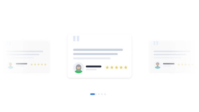Testimonial Carousel Animation. Customer Review Card Slider With Star Rating Quote On White Background. 4K Social Proof Motion Graphics Loop