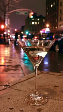 Martini glass with cartoon smiling face on wet rainy city street at night