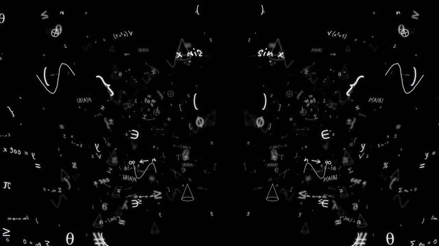 White mathematics symbols and formulas floating toward the camera on a black background, for maths and education themes