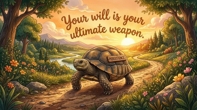 Symbolic illustration of a tortoise on a winding path with the word "Persistence" on its shell, representing willpower and determination in a serene l