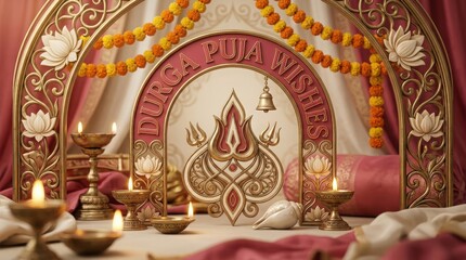 Fototapeta premium Ornate golden archways with trident symbol and burning diya lamps for auspicious durga puja wishes banner background.