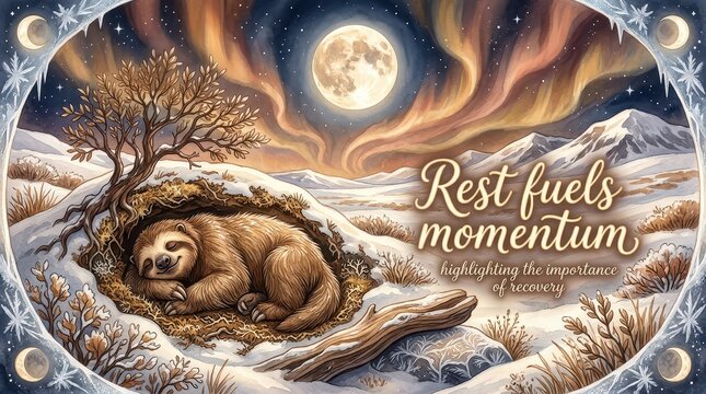 Peaceful Sloth Sleeping in Snowy Burrow Under Aurora Borealis and Full Moon: Rest Fuels Momentum Concept