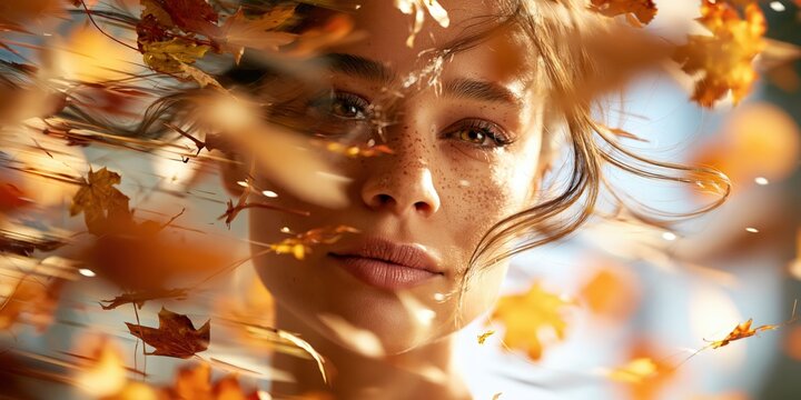 Woman's face through falling autumn leaves, dreamy motion blur concept