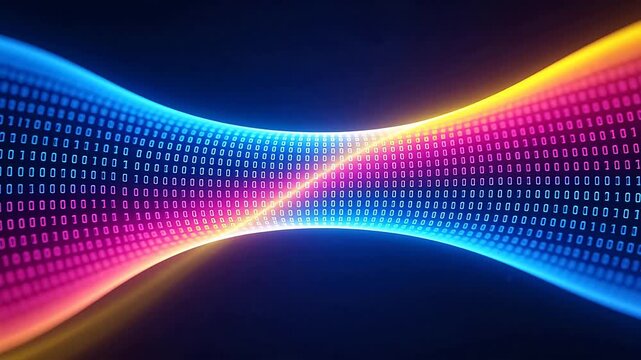 Curved digital surface with flowing binary code and colorful light trails