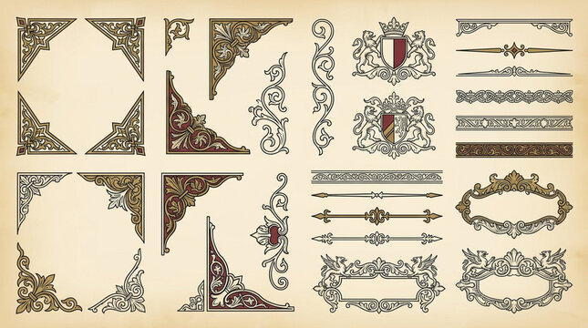 Set of vintage decorative corners borders and heraldic shields on aged paper background.