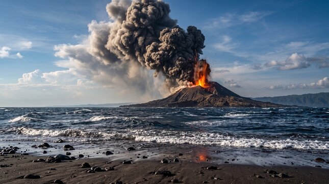 Dramatic realistic view of Anak Krakatau volcano erupting across the Sunda Strait, with glowing lava, a massive ash plume, ocean waves, and a dark volcanic shoreline under a blue sky.