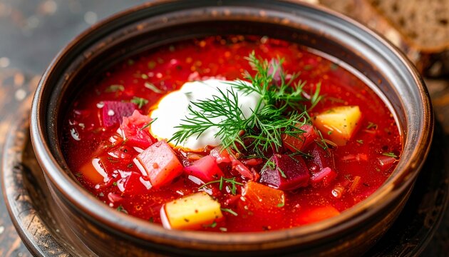 Traditional beetroot soup borscht with sour cream and fresh herbs in bowl