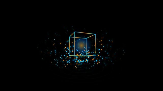 Abstract 3d cube with glowing particles in dark space